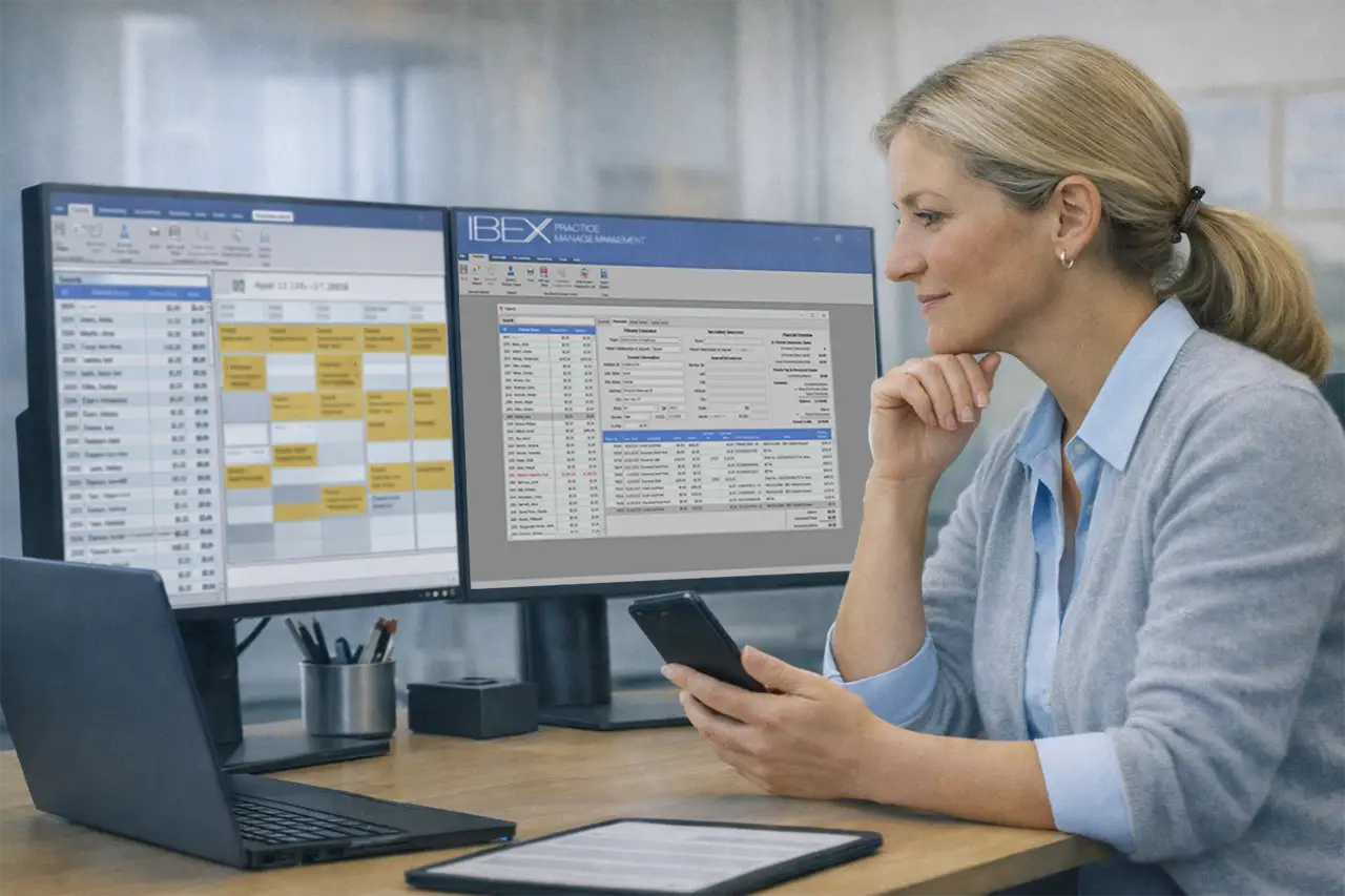 Professional reviewing IBEX Practice Management on dual monitors